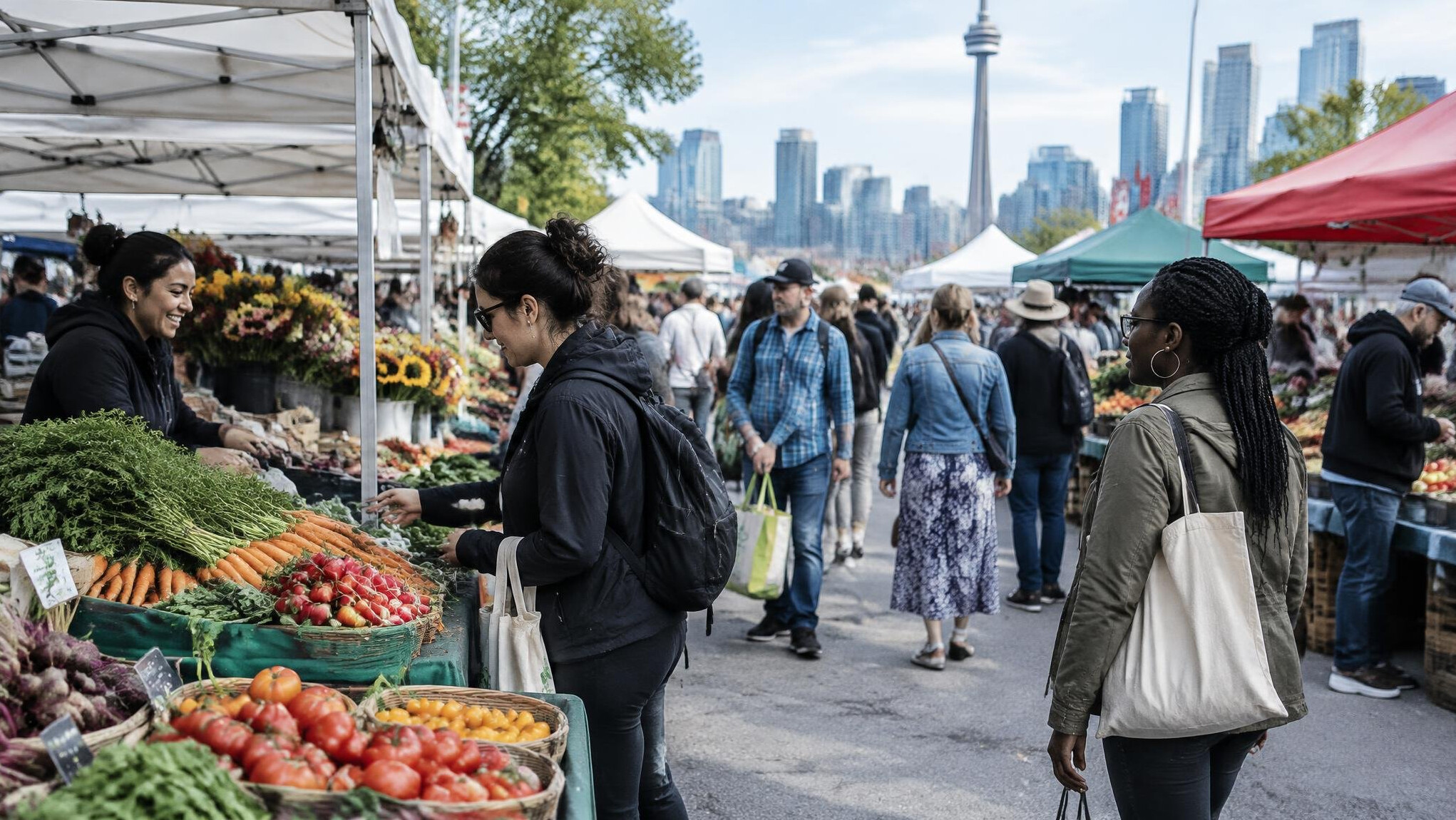 Shoppers browsing stalls at an outdoor city market