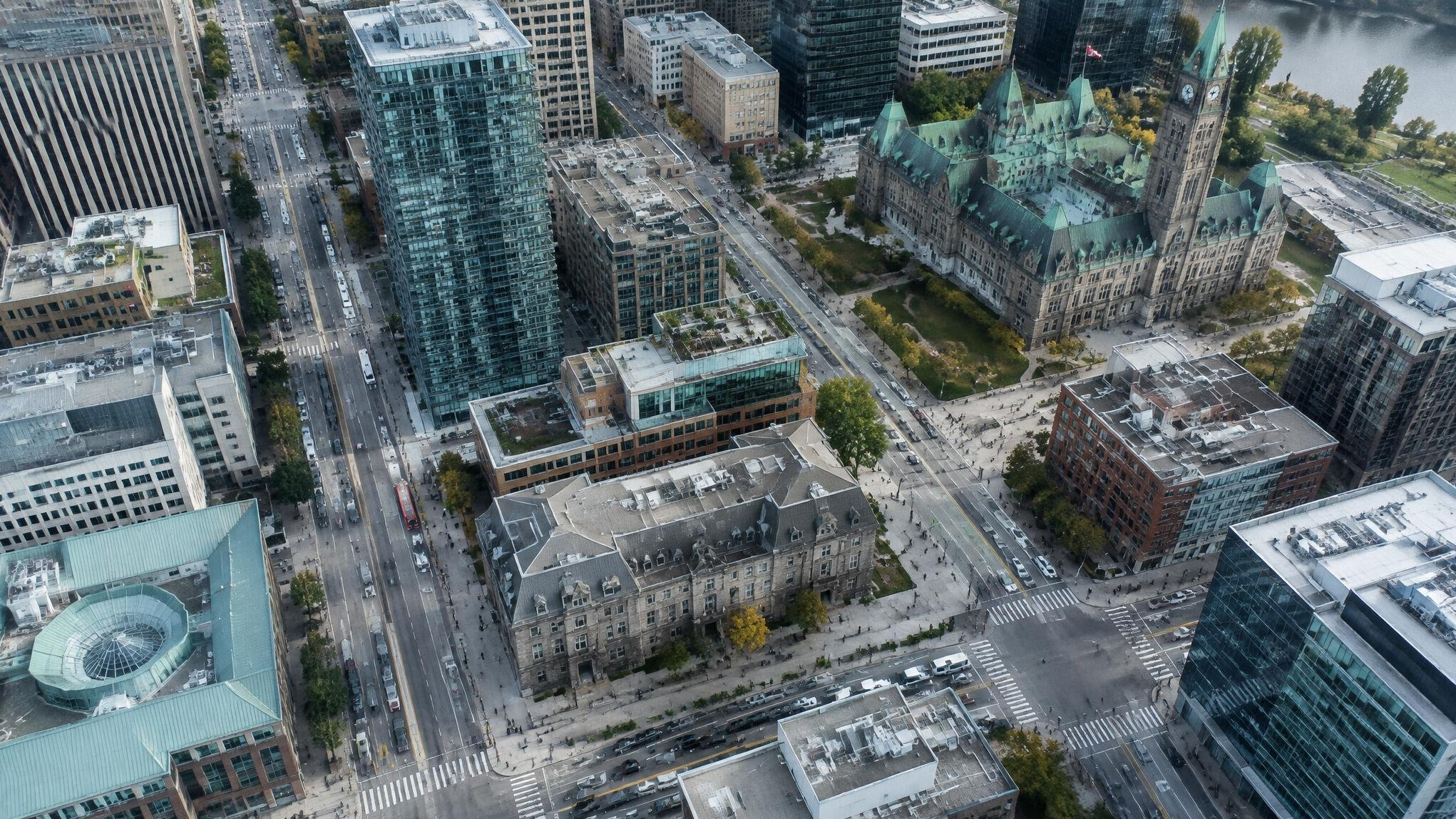 Aerial view of a Canadian downtown grid of streets and buildings